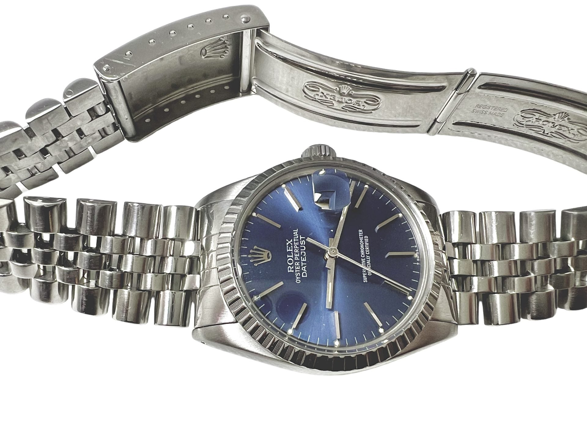 Vintage Rolex Datejust watch in steel with blue dial