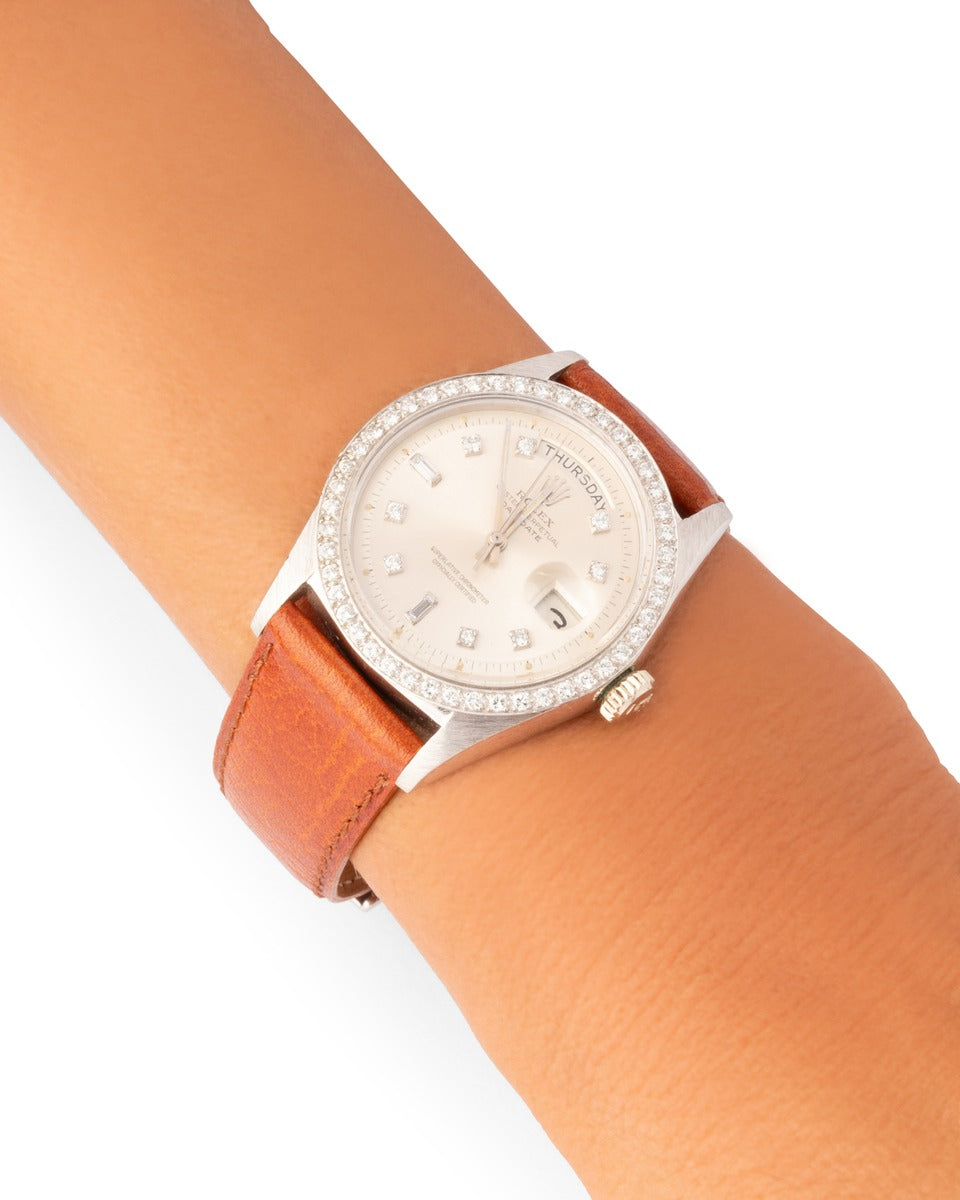 Rolex Day Date watch, in white gold and diamonds on leather