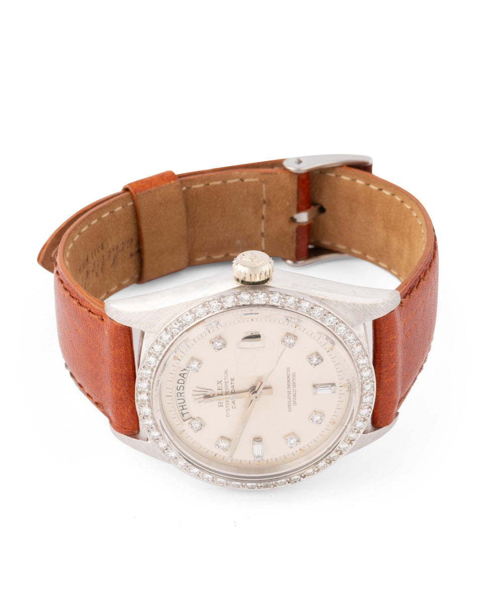 Rolex Day Date watch, in white gold and diamonds on leather
