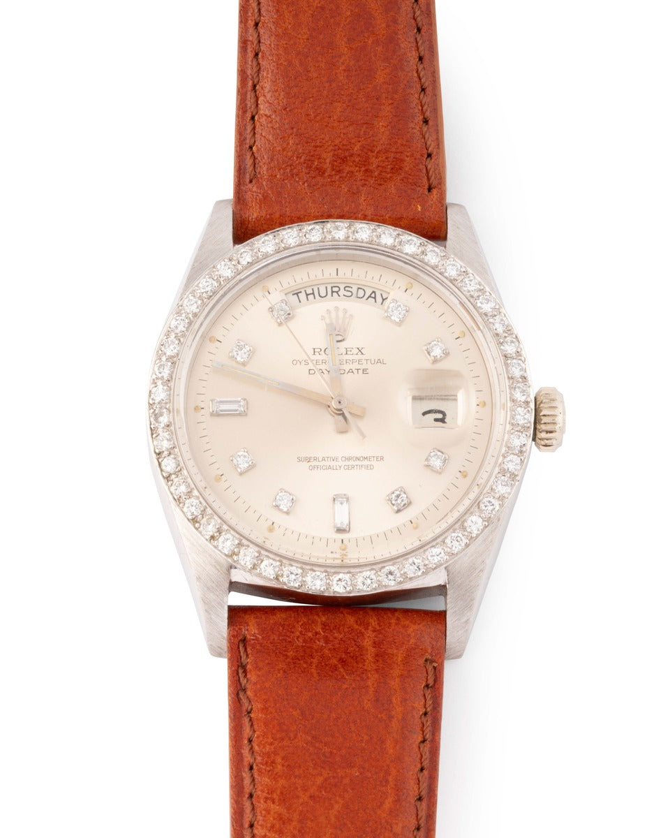 Rolex Day Date watch, in white gold and diamonds on leather