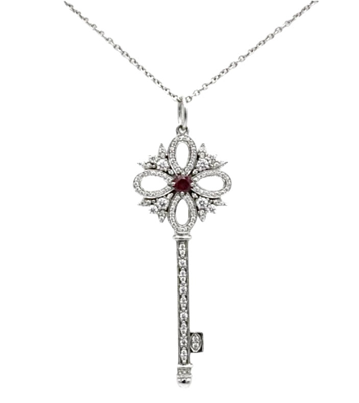 Tiffany & Co, collier pendentif "Clés Victoria" en platine diamants et rubis