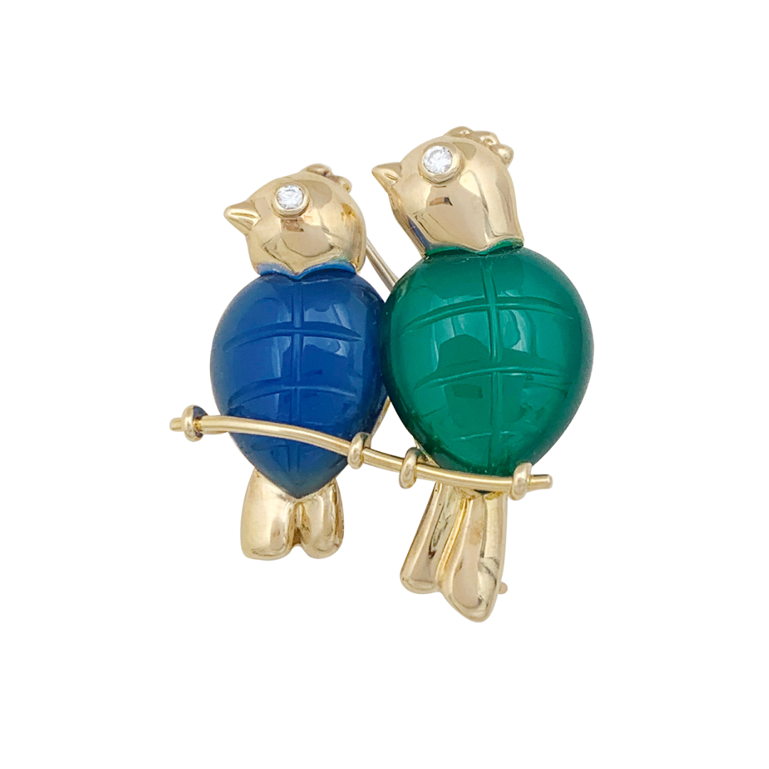 Broche Cartier "Inséparables" or jaune, diamants, pierres de couleur.