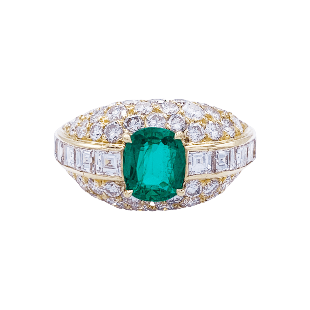 Bague or jaune, émeraude coussin et pavage diamants. - Maison Eloe