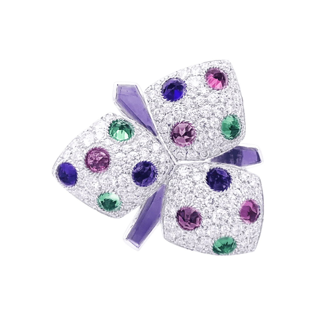 Bague Cartier, "Caresse d'Orchidées", or blanc, diamants, pierres de couleurs. - Maison Eloe