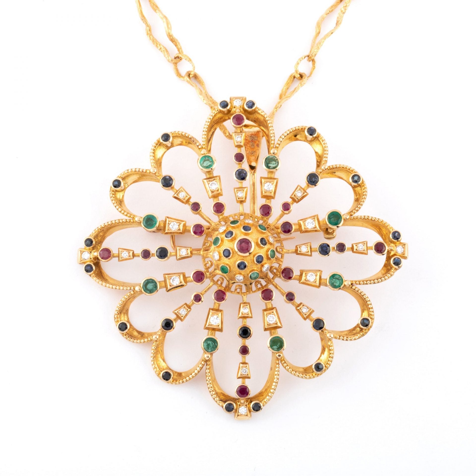 Lalaounis, pendentif et broche or jaune ornée de pierres précieuses