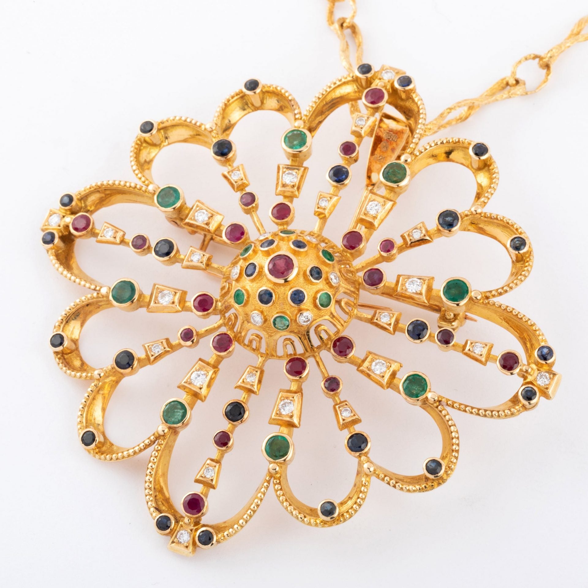 Lalaounis, pendentif et broche or jaune ornée de pierres précieuses