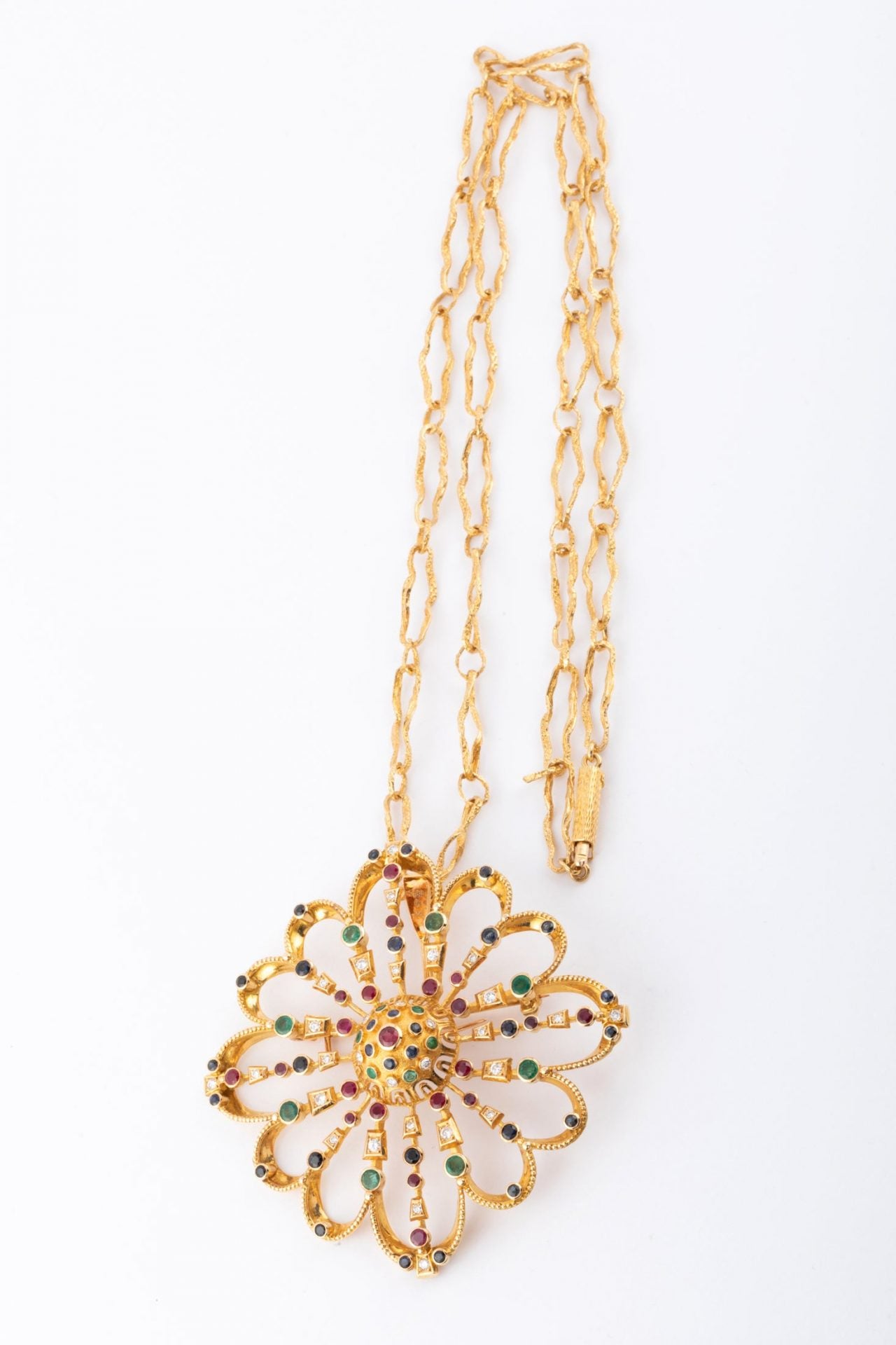 Lalaounis, yellow gold pendant and brooch decorated with precious stones