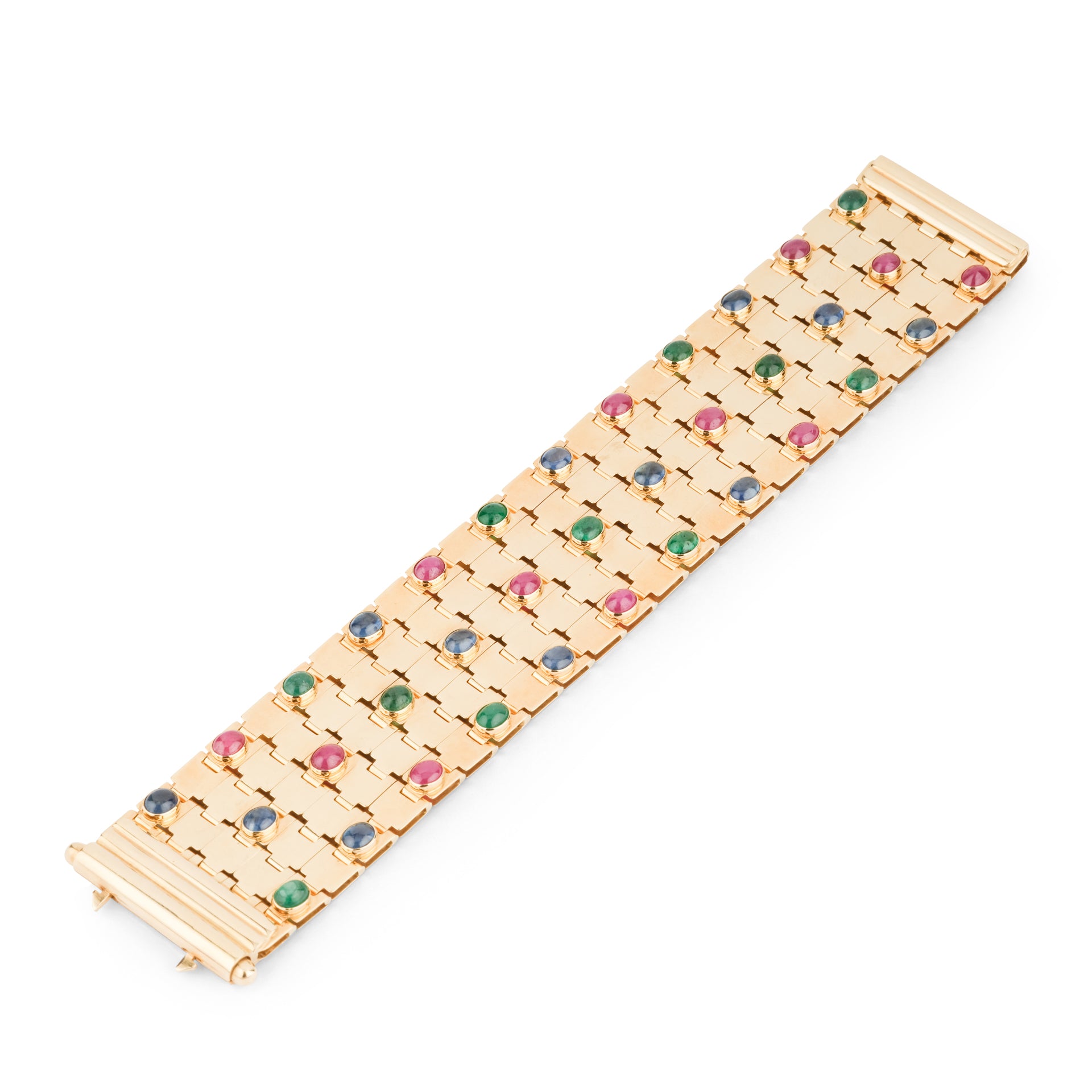 Un bracelet Mario di Meola en or jaune et cabochon d'émeraudes, rubis et saphirs