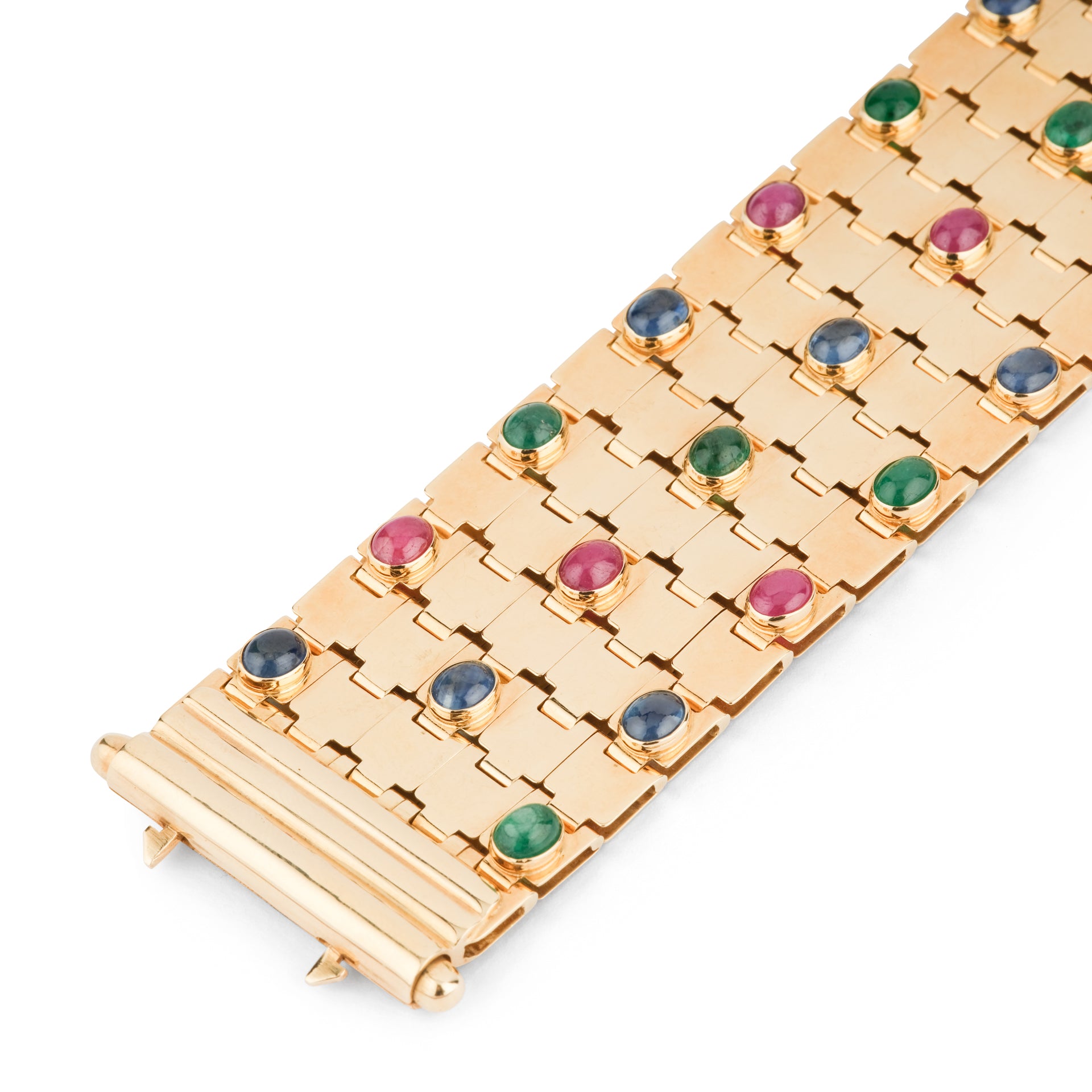 Un bracelet vintage signé Mario di Meola en or jaune et cabochon d'émeraudes, rubis et saphirs