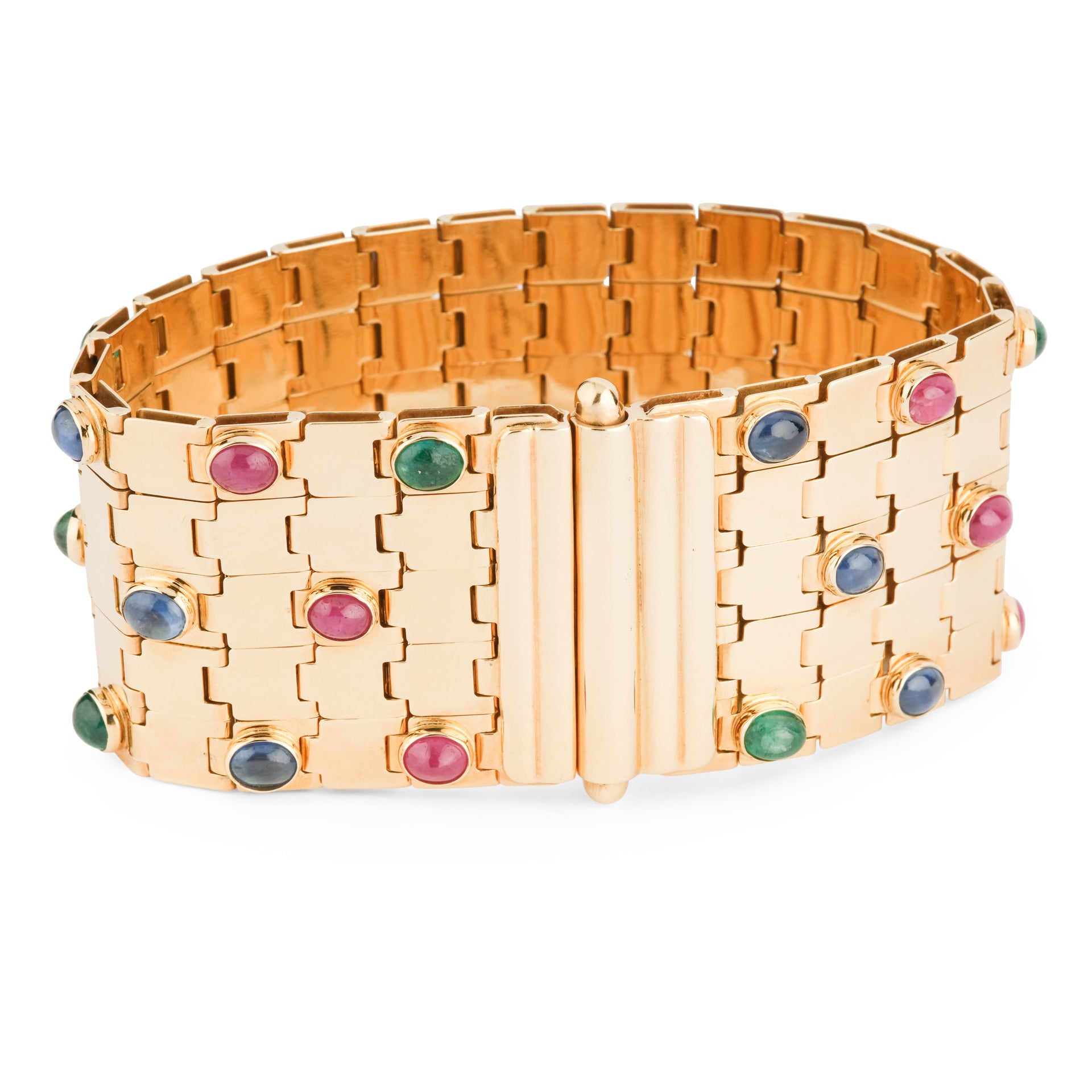 Un bracelet vintage signé Mario di Meola en or jaune et cabochon d'émeraudes, rubis et saphirs