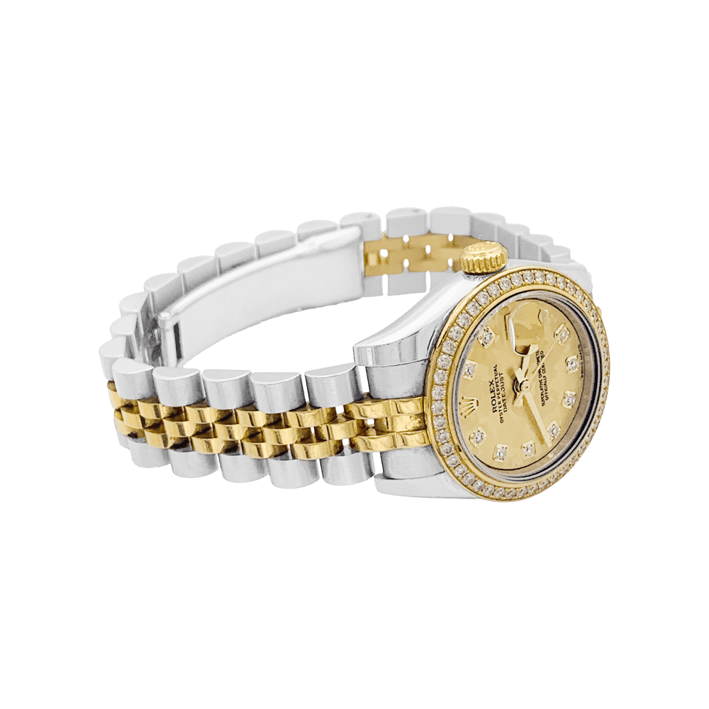 Montre Rolex, "Oyster Perpetual Lady-Datejust", or jaune, acier, diamants.