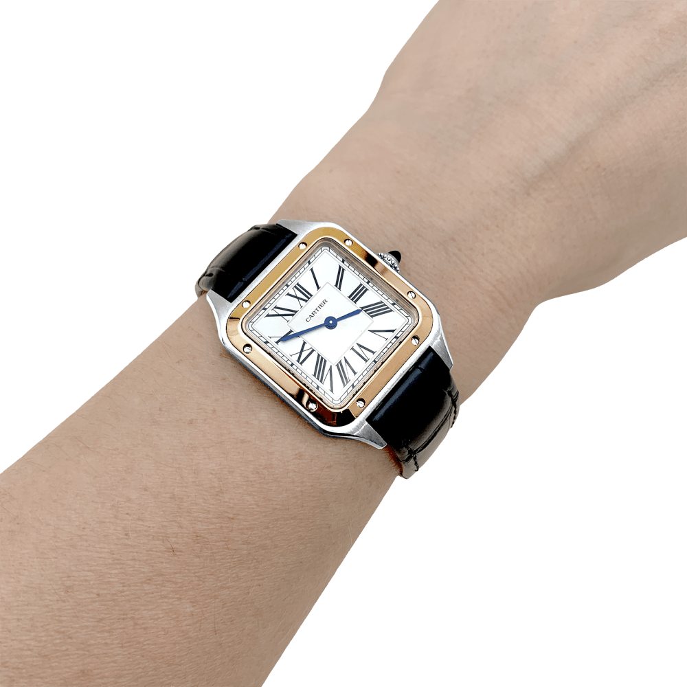 Montre Cartier, "Santos-Dumont", or, acier, cuir occasion revisée et garantie photo portée au poinet