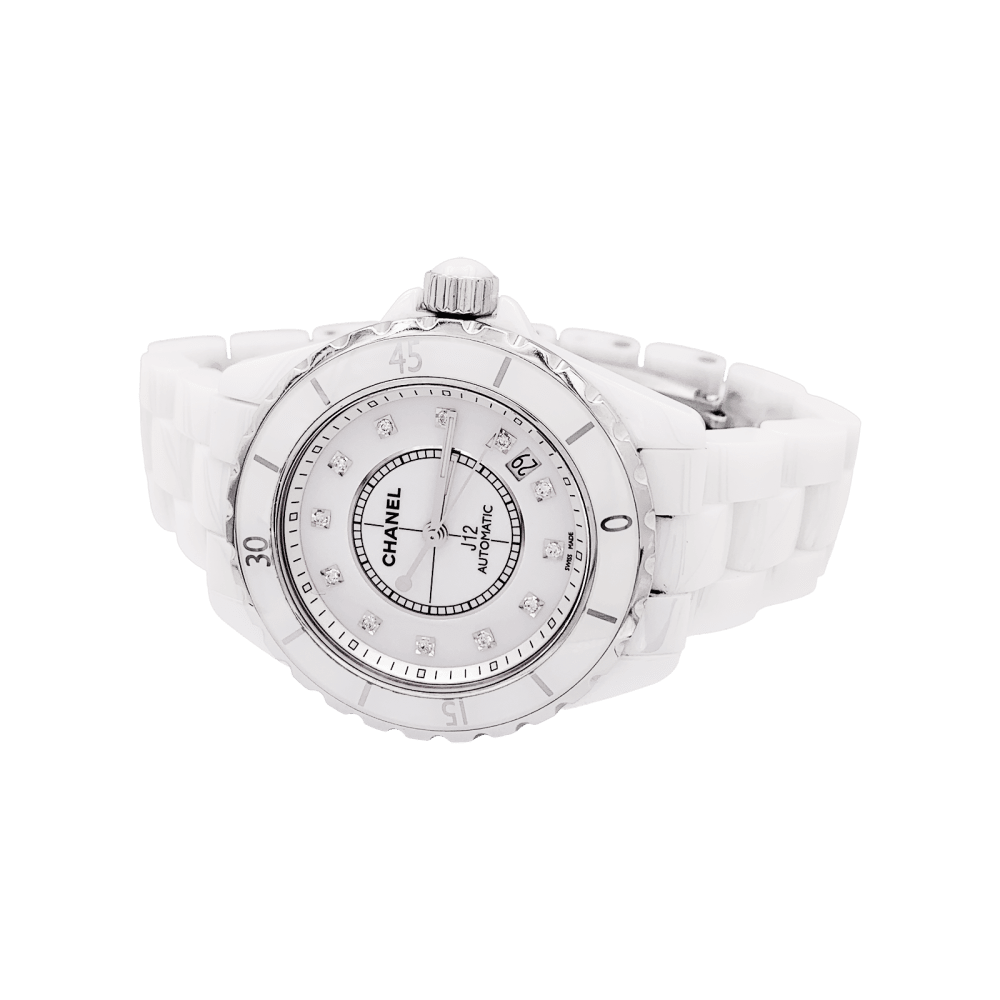 Montre Chanel, "J12", céramique blanche, diamants.