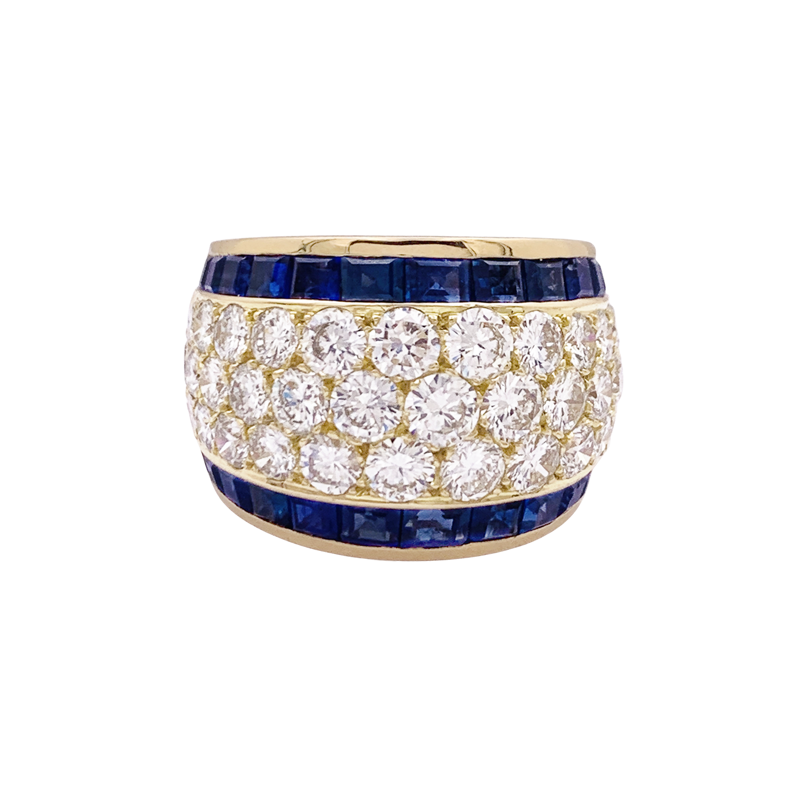Bague vintage or jaune, diamants, saphirs calibrés.