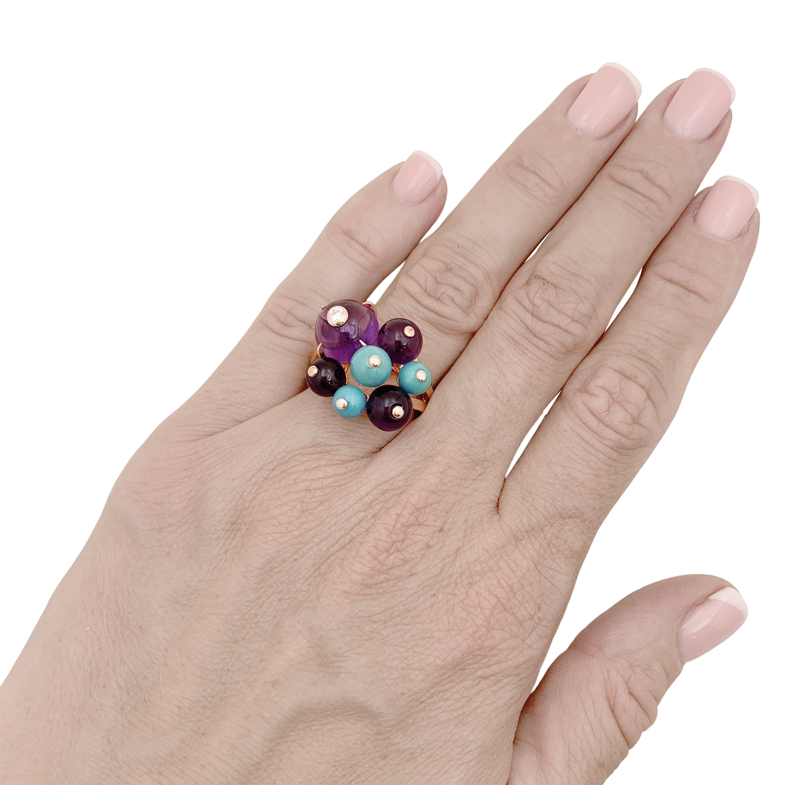 Bague Cartier, "Délices de Goa", or rose, diamant, turquoises, améthystes.