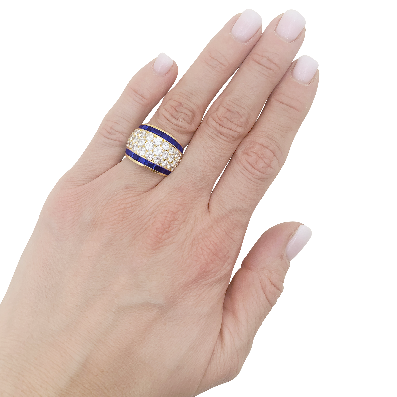 Bague vintage or jaune, diamants, saphirs calibrés.