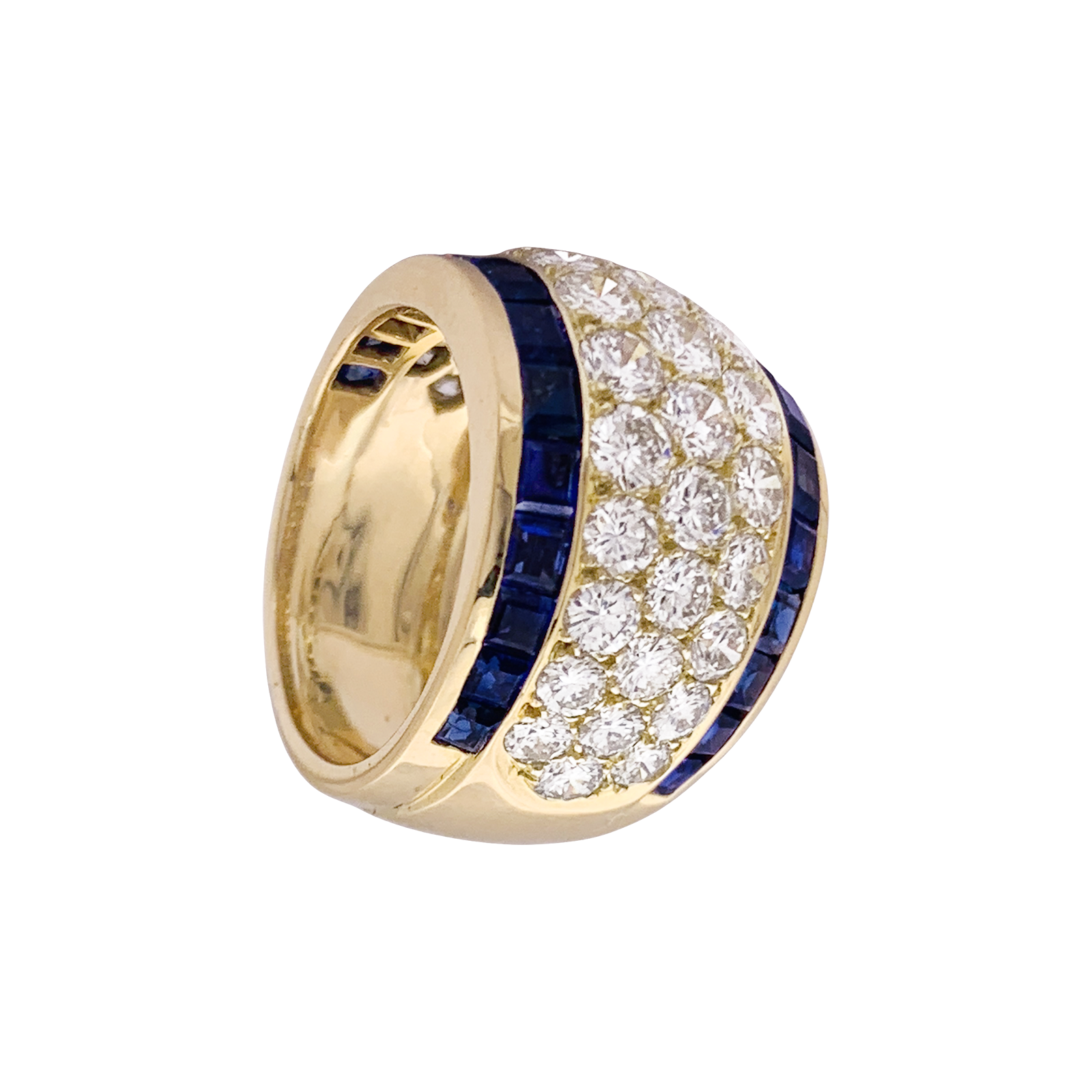 Bague vintage or jaune, diamants, saphirs calibrés.