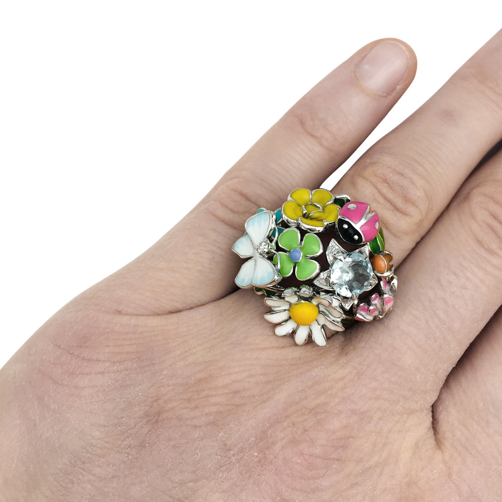 Bague Dior, "Diorette", or blanc, émail, aigue-marine et diamant.