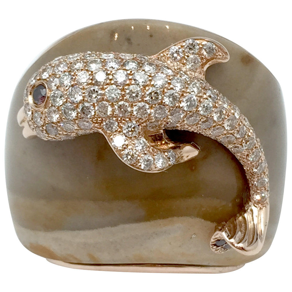 Bague Paolobongia "Dauphin" en or rose, diamants, jaspe et grenat.