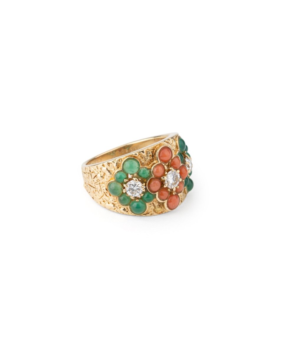 Van Cleef & Arpels bague Vintage Or Diamants Chrysoprases Corail - Maison Eloe