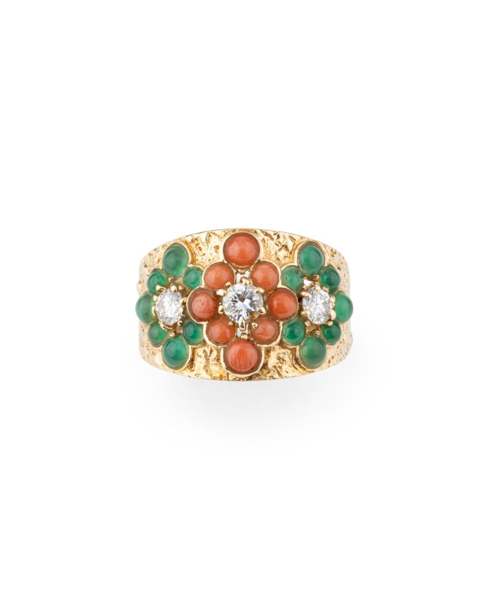 Van Cleef & Arpels bague Vintage Or Diamants Chrysoprases Corail - Maison Eloe