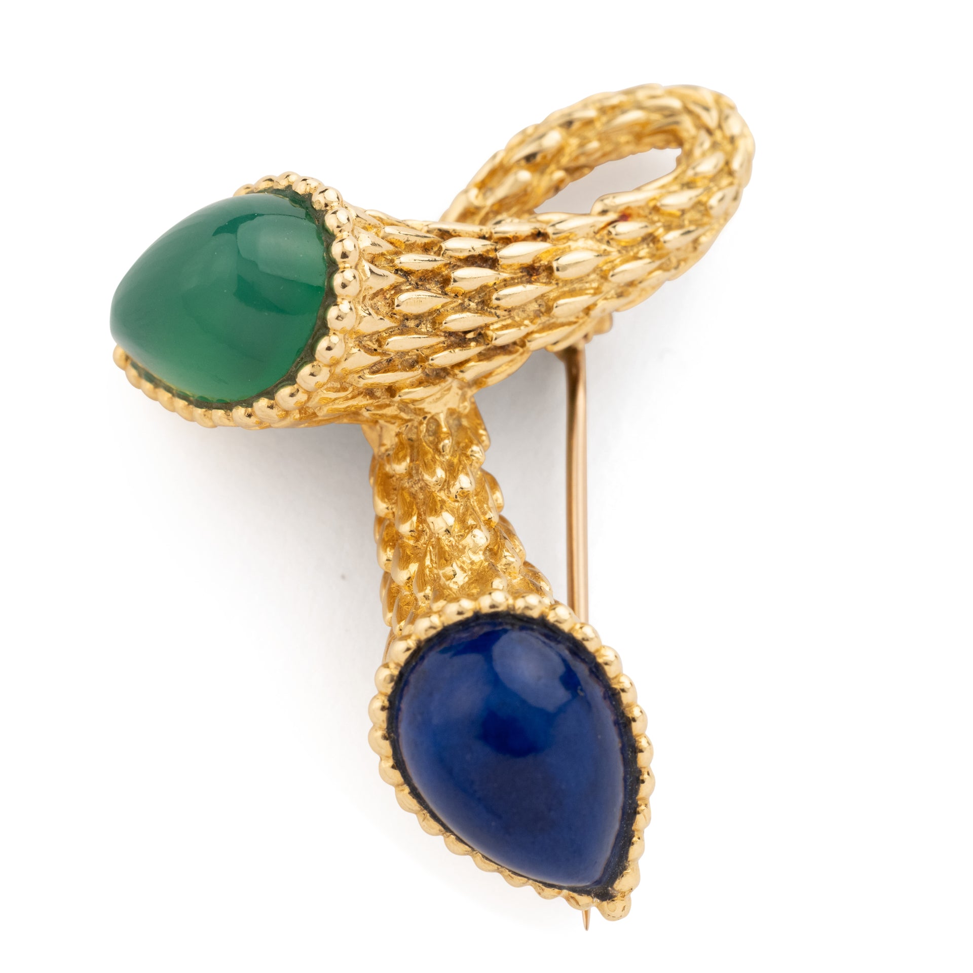 Broche Boucheron Vintage en or jaune 18K, chrysoprase et Lapis Lazuli