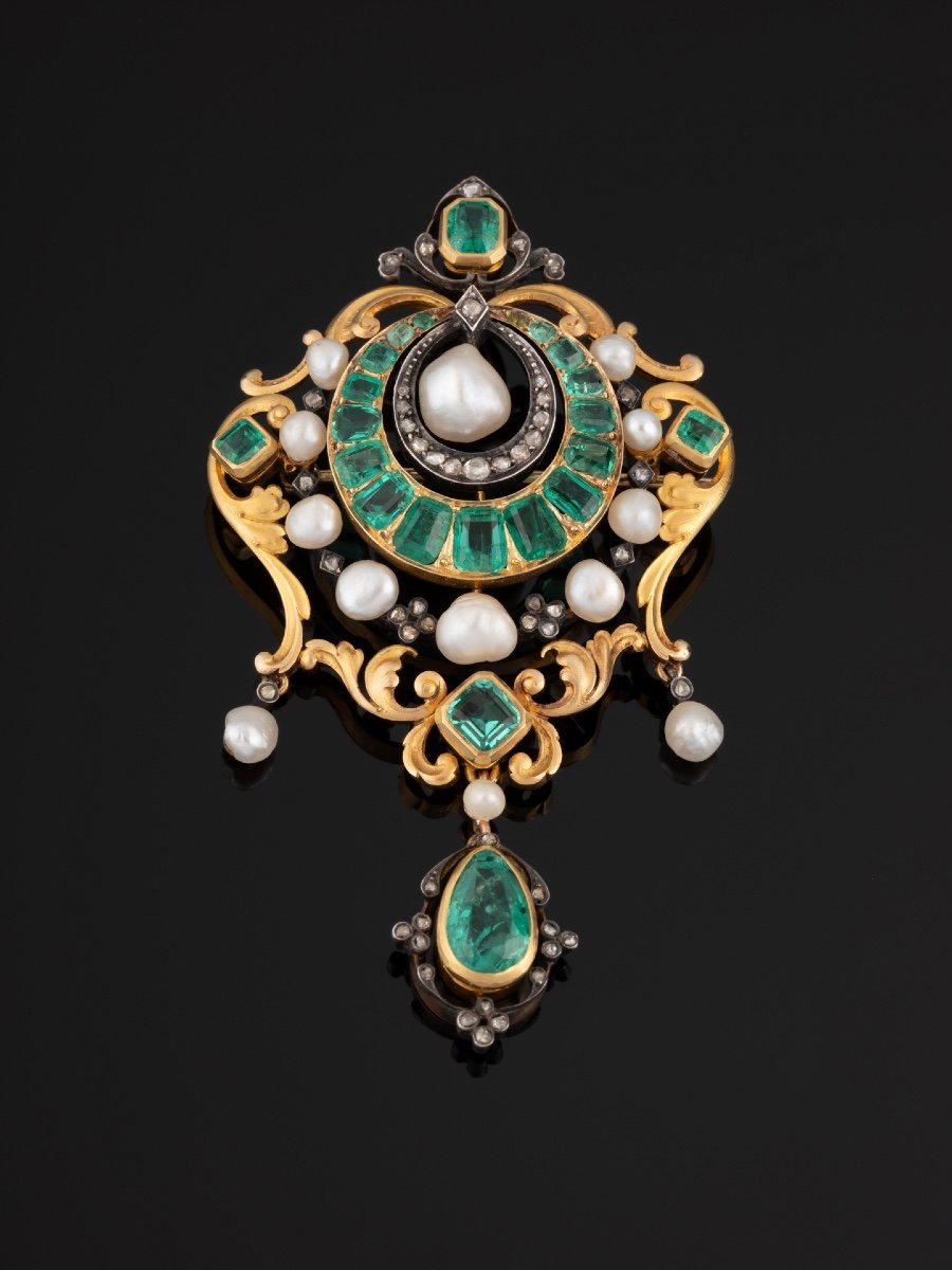 Beaumont & Compagnie Broche Or émeraudes Et Perles Fines