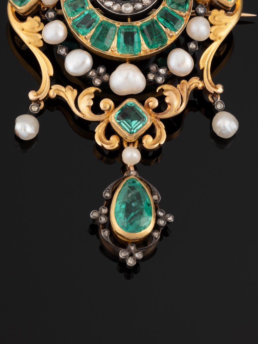 Beaumont & Compagnie Broche Or émeraudes Et Perles Fines