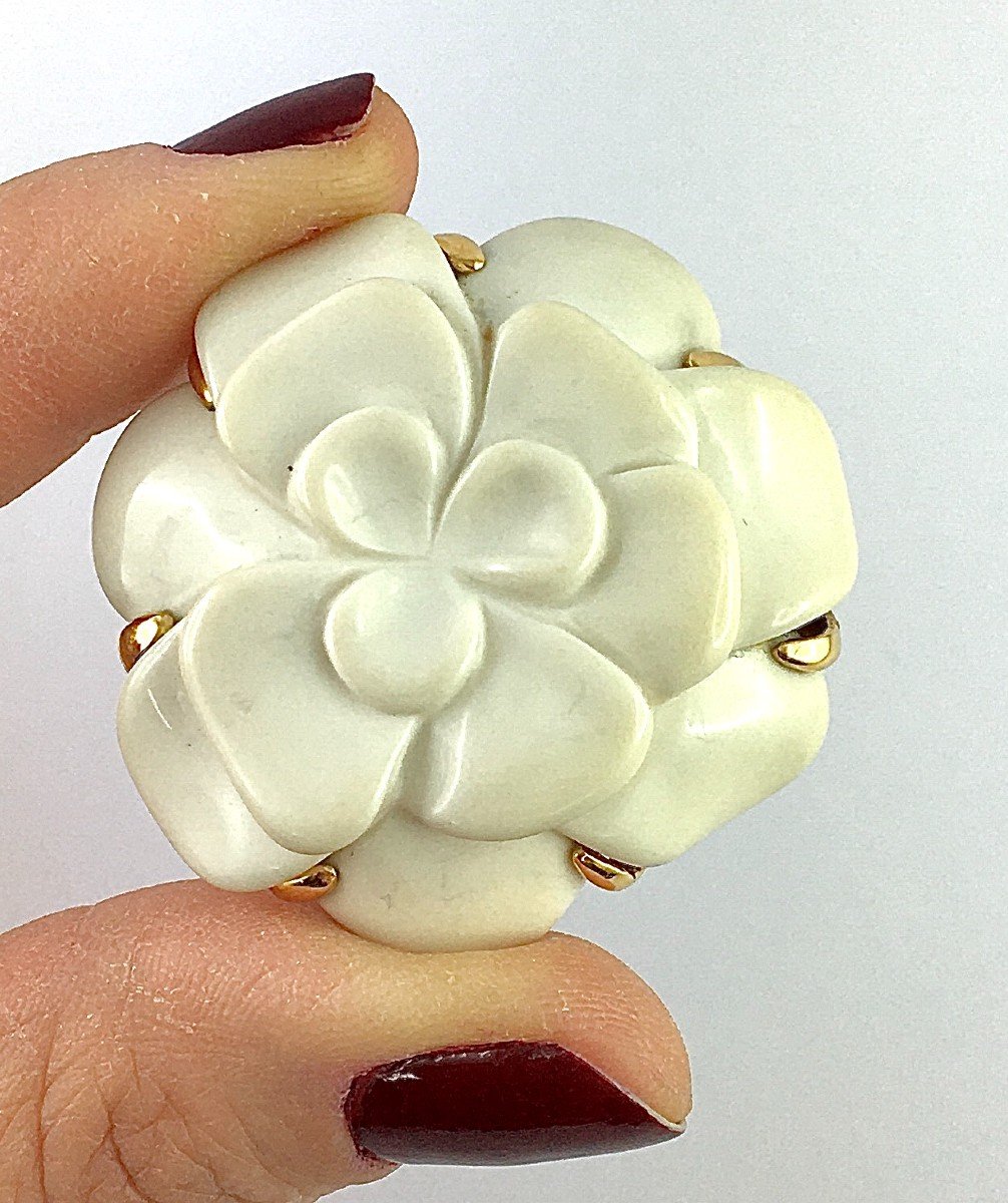 Chanel, White Cacholong Camellia Brooch in Yellow Gold in its Case