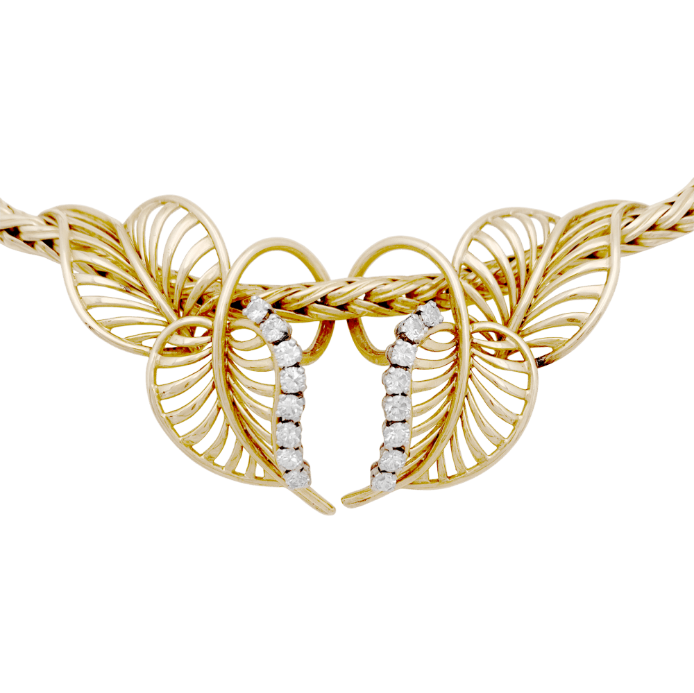 Collier "feuillages" or jaune et diamants.