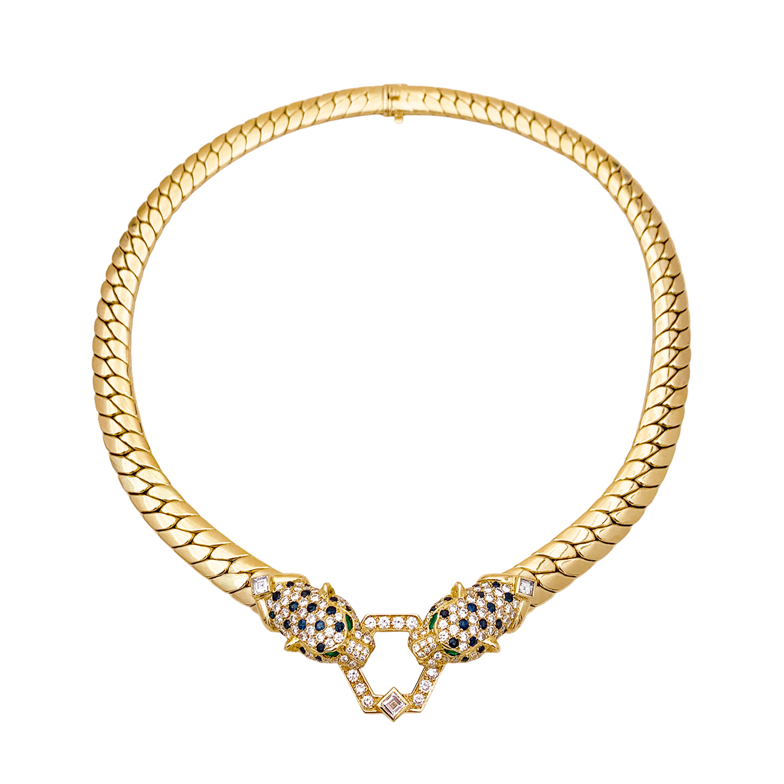 Collier O.J. PERRIN, or jaune, diamants, saphirs et émeraudes.