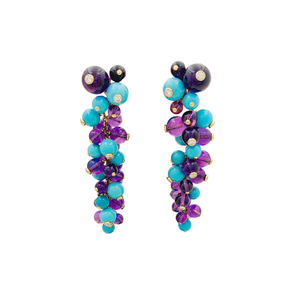 Boucles d'oreilles Cartier, "Délices de Goa", or rose, améthystes, turquoises et diamants. - Maison Eloe