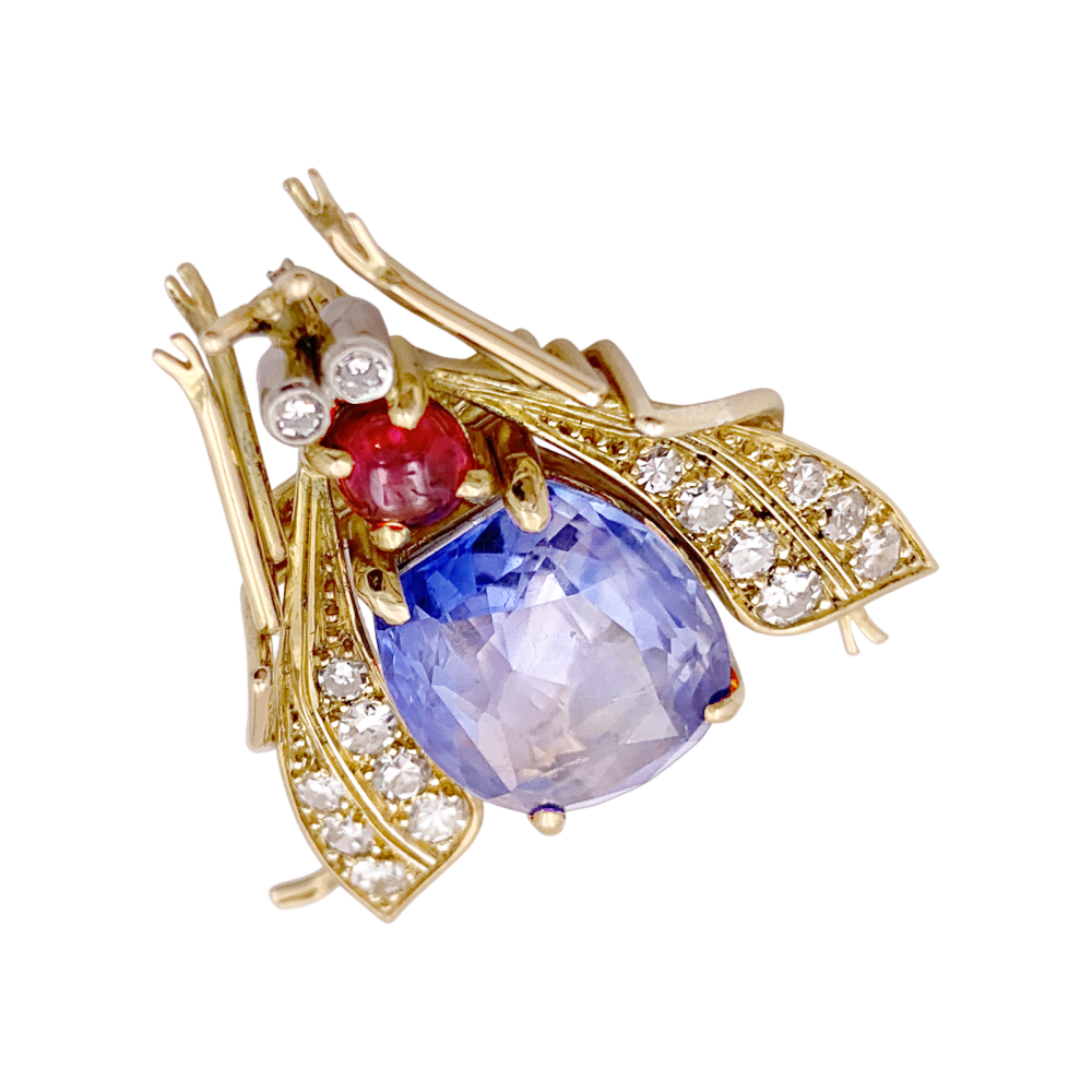 Broche Van Cleef & Arpels, « Abeille », platine, or jaune, saphir, rubis et diamants.