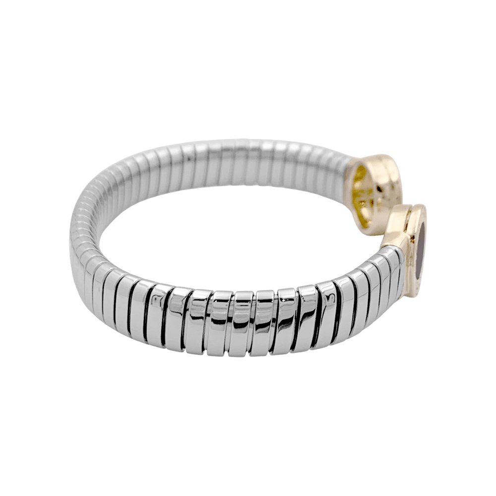 Bracelet Bulgari, "Bulgari - Bulgari", acier, or jaune et onyx. 35154 - Maison Eloe
