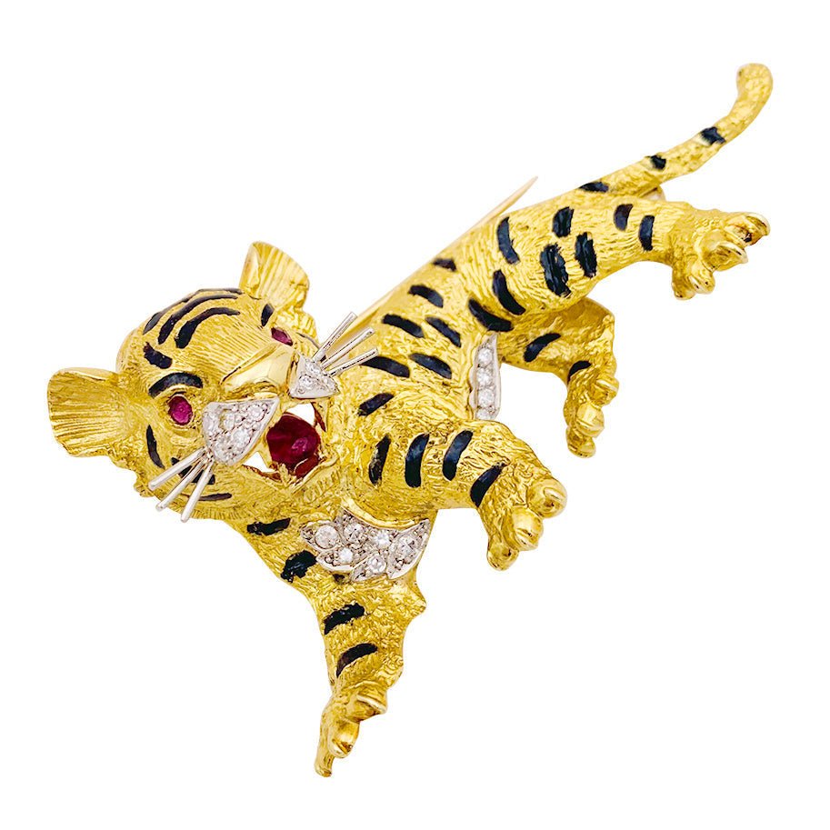 Broche Sanz, "Tigre", or jaune, diamants, rubis, émail. - Maison Eloe