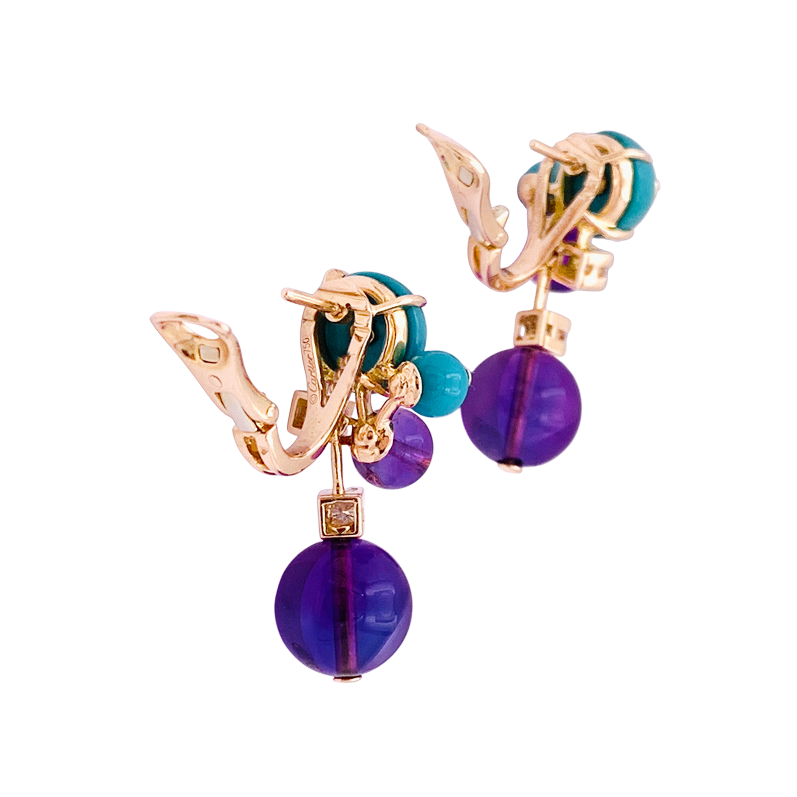 Boucles d'oreilles Cartier "Délices de Goa" en or rose, améthystes, diamants et turquoises.