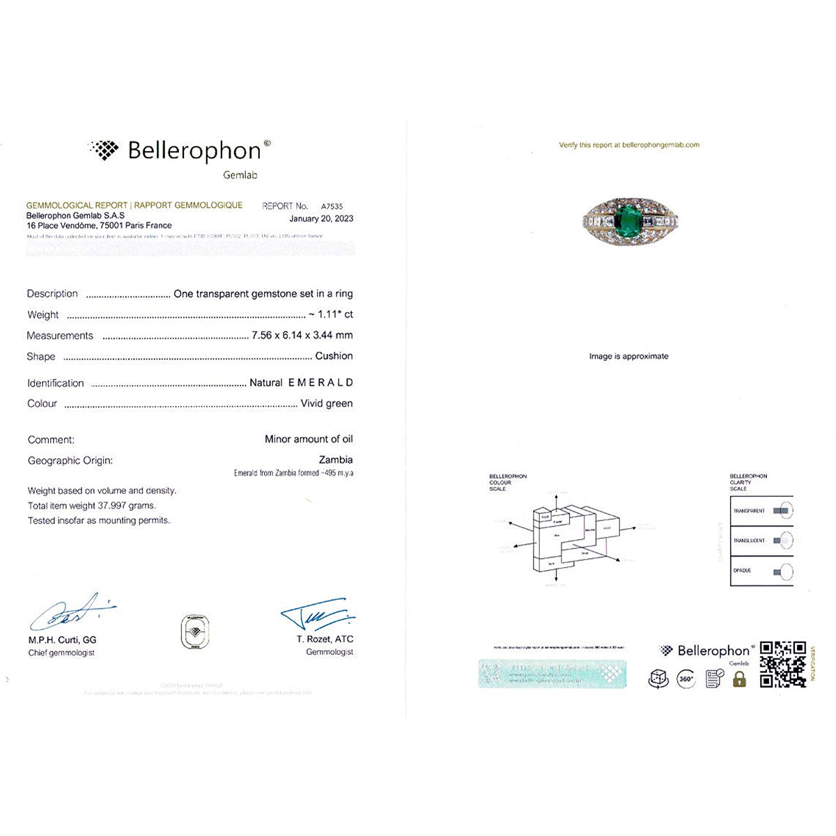 Bague or jaune, émeraude coussin et pavage diamants.