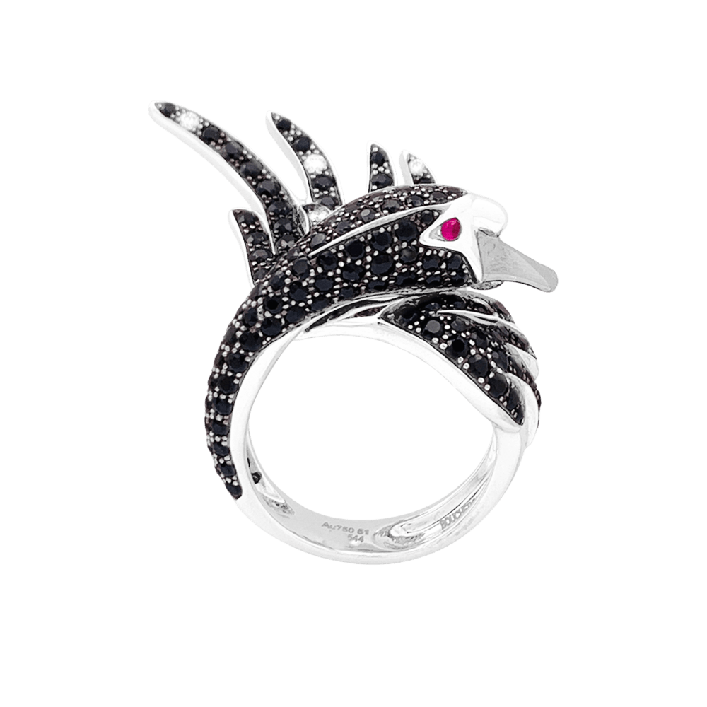 Bague Boucheron, "Animaux de Collection : "Cypris, le Cygne", or blanc, saphirs, diamants, rubis.