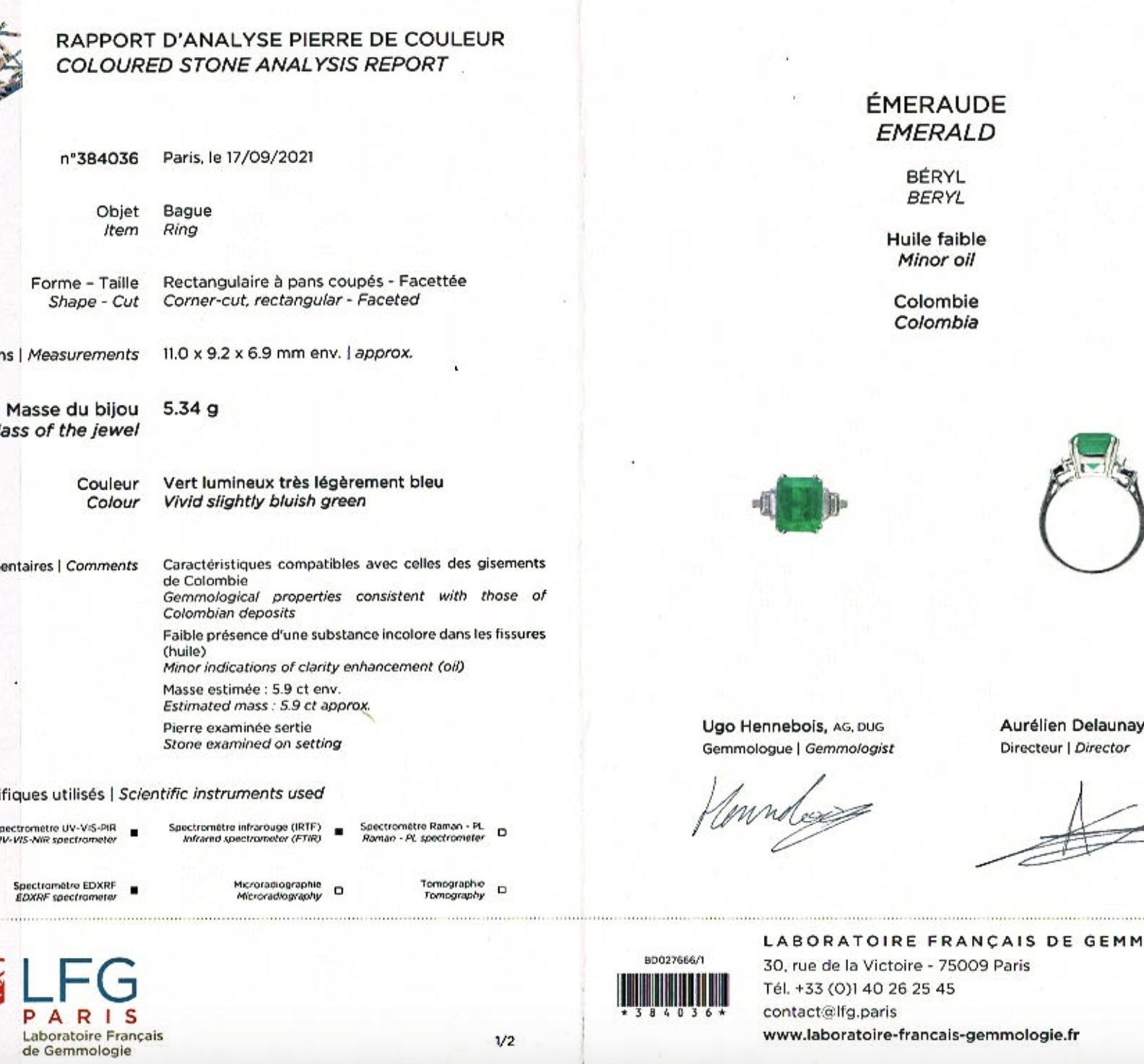 Bague or blanc, émeraude 5.90 cts, diamants.