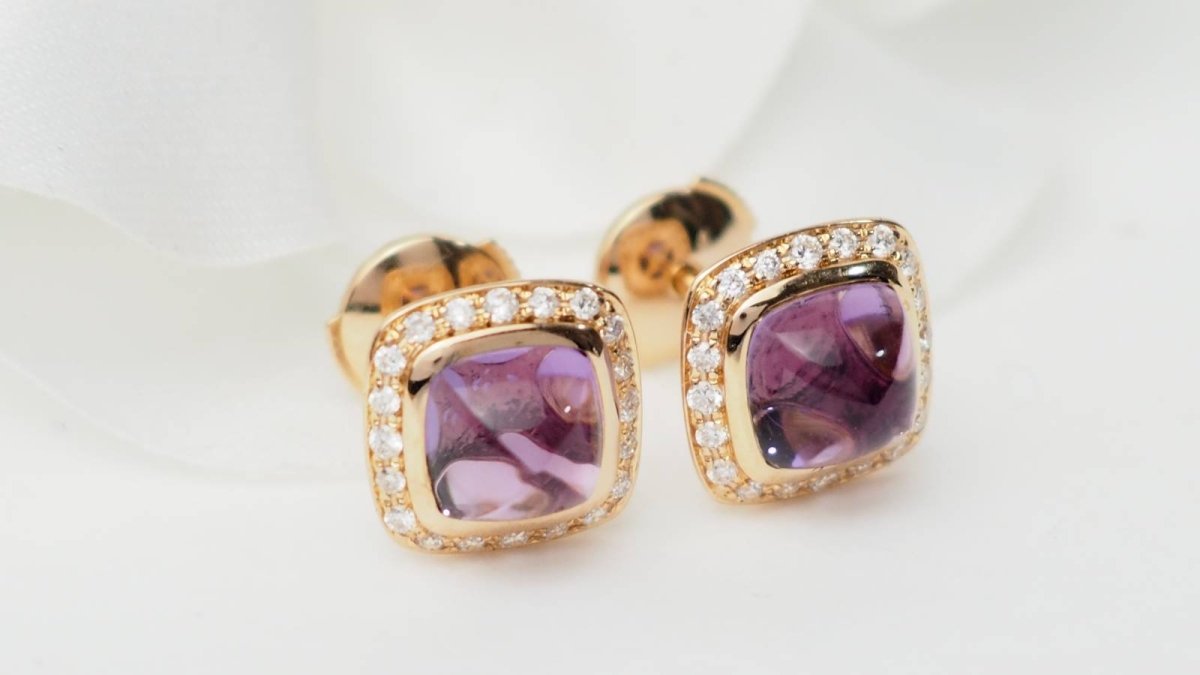 Fred Boucles d'oreilles Pain de sucre or rose améthyste diamants - Maison Eloe