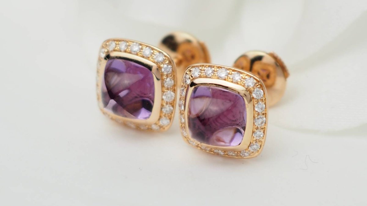 Fred Boucles d'oreilles Pain de sucre or rose améthyste diamants - Maison Eloe