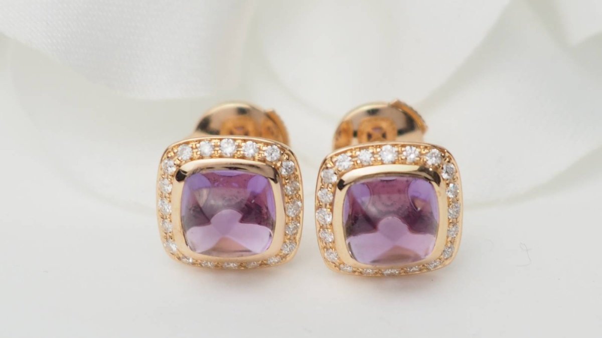 Fred Boucles d'oreilles Pain de sucre or rose améthyste diamants - Maison Eloe