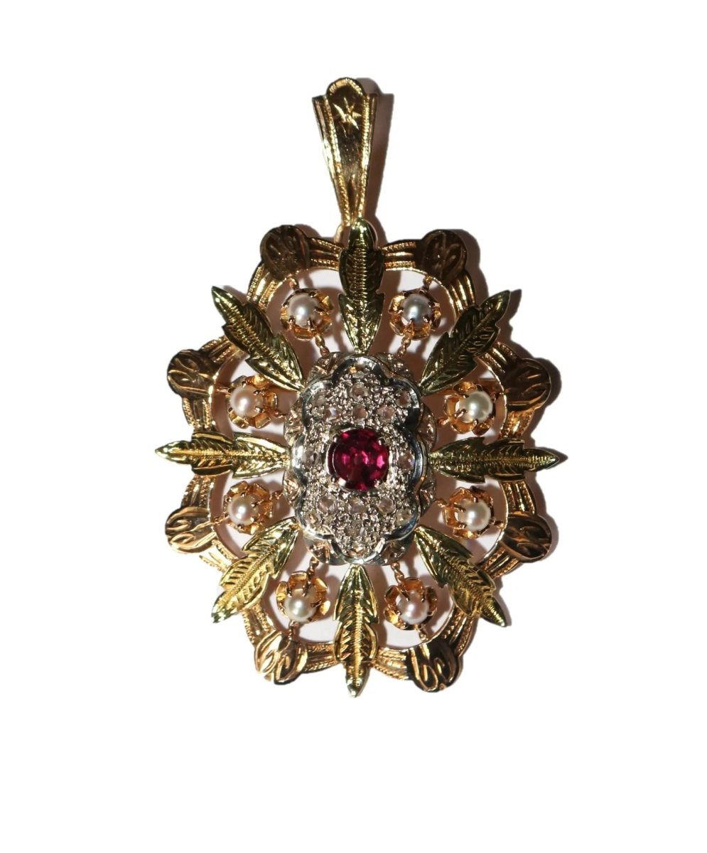 Pendentif Broche ancienne Napoléon III Trois Ors Diamants Grenat - Maison Eloe