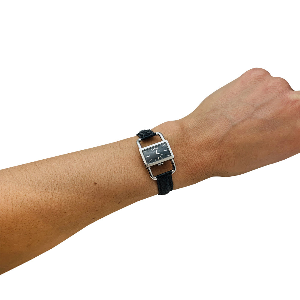 Jaeger Lecoultre; Hermès watch, "Etrier" model in steel, leather strap.