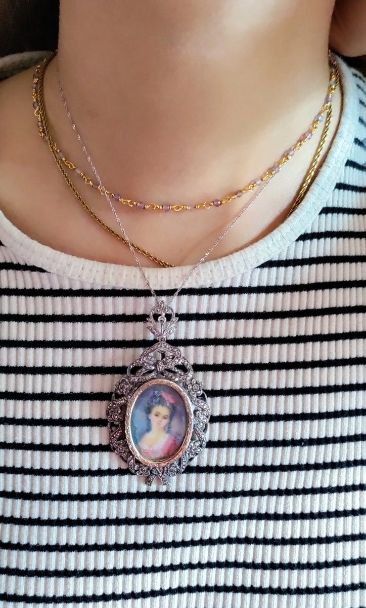 Pendentif broche ancienne miniature et marcassites fin XIXème - Maison Eloe