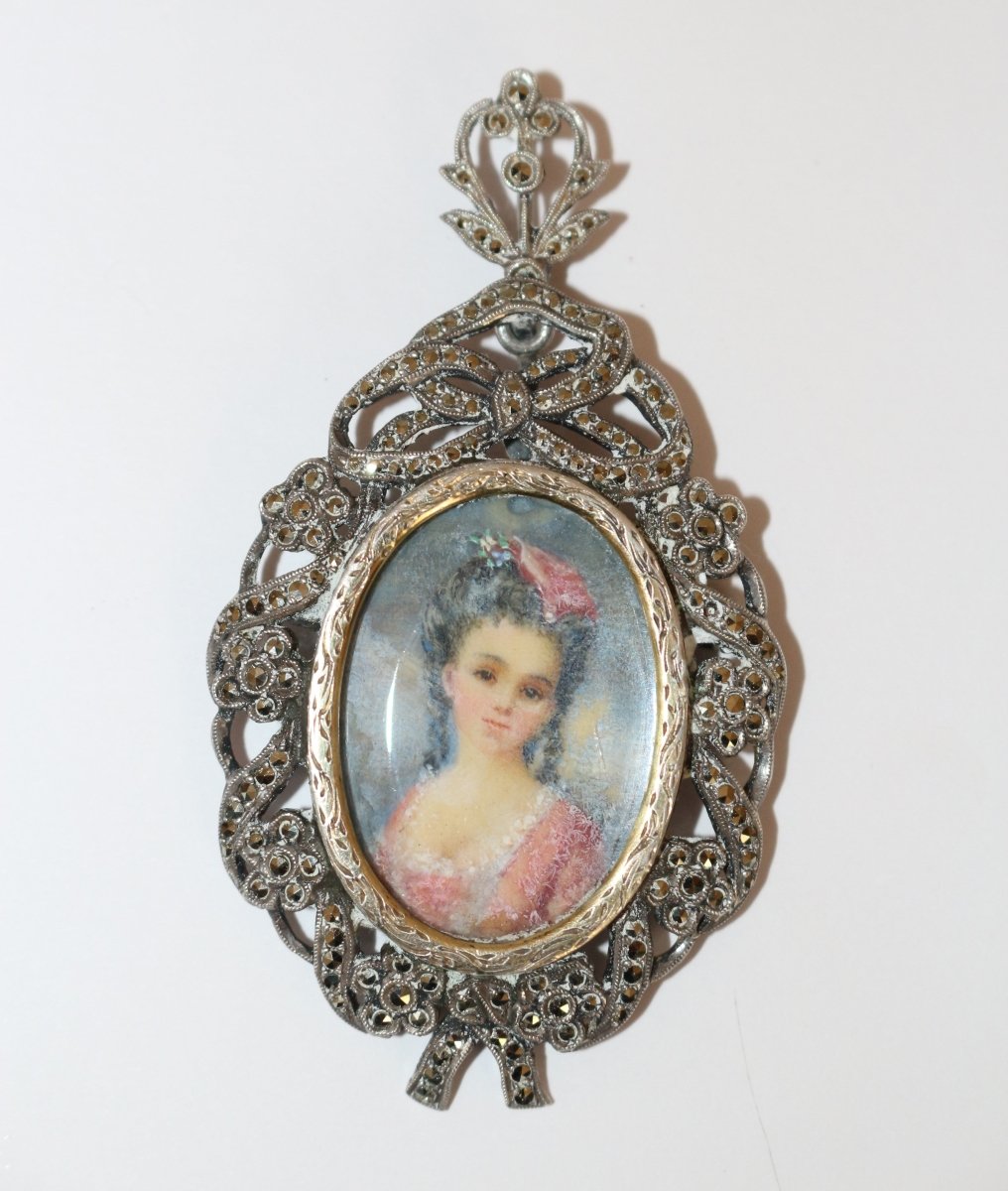Pendentif broche ancienne miniature et marcassites fin XIXème - Maison Eloe