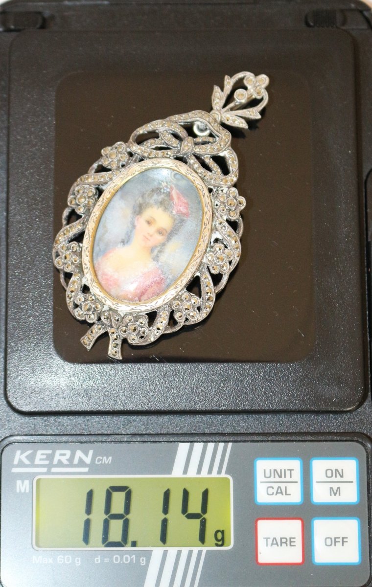Pendentif broche ancienne miniature et marcassites fin XIXème - Maison Eloe