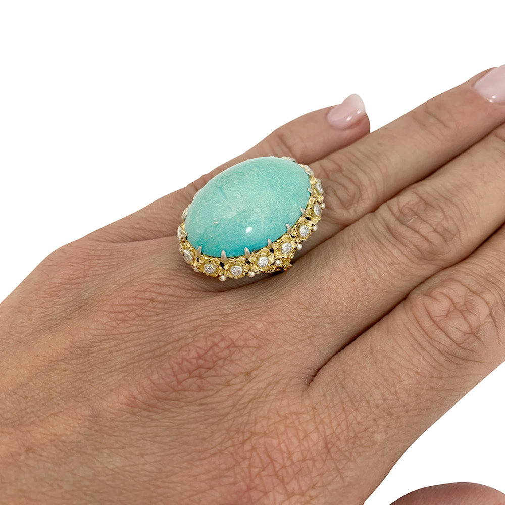 Bague Buccellati, trois ors, diamants, turquoise.