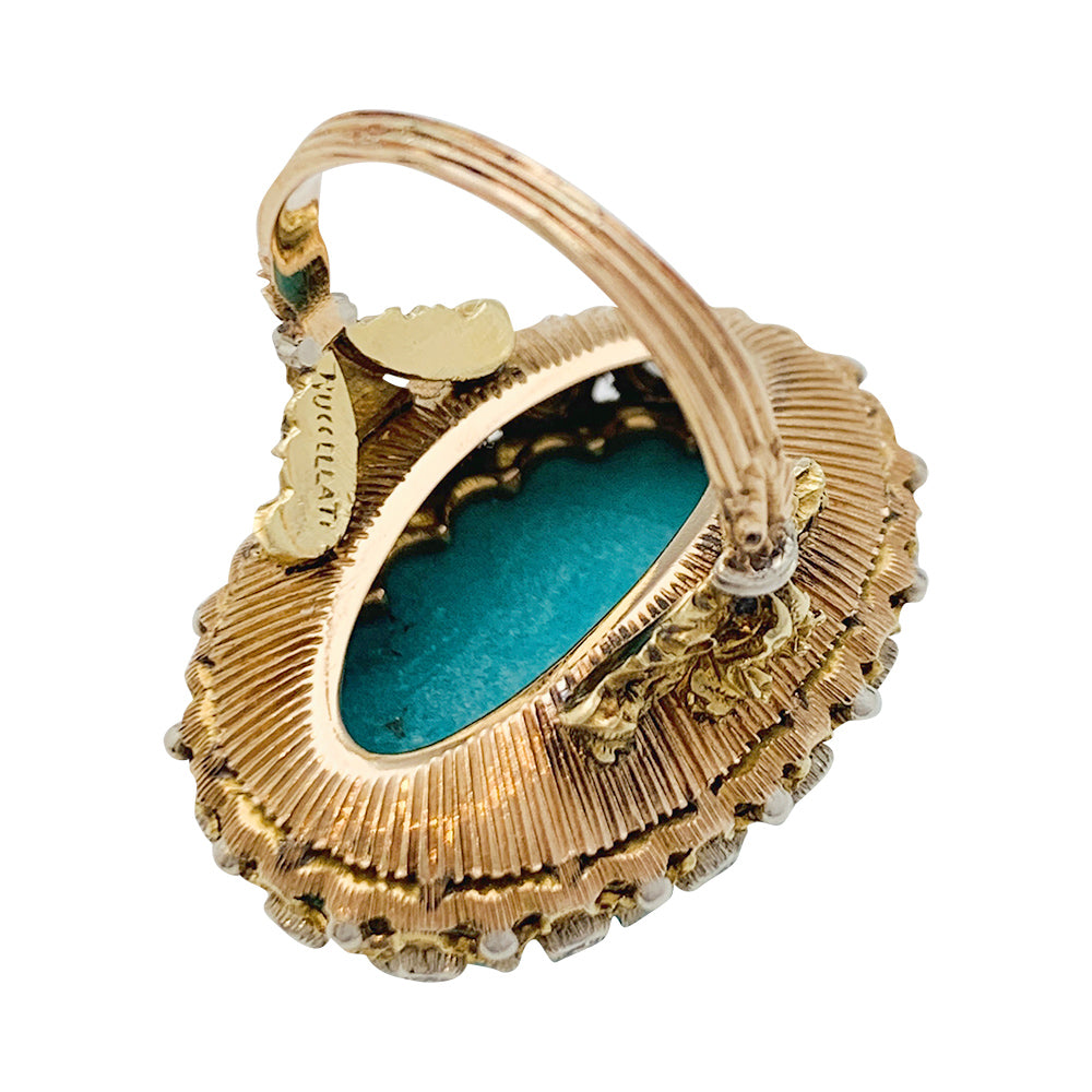 Bague Buccellati, trois ors, diamants, turquoise.
