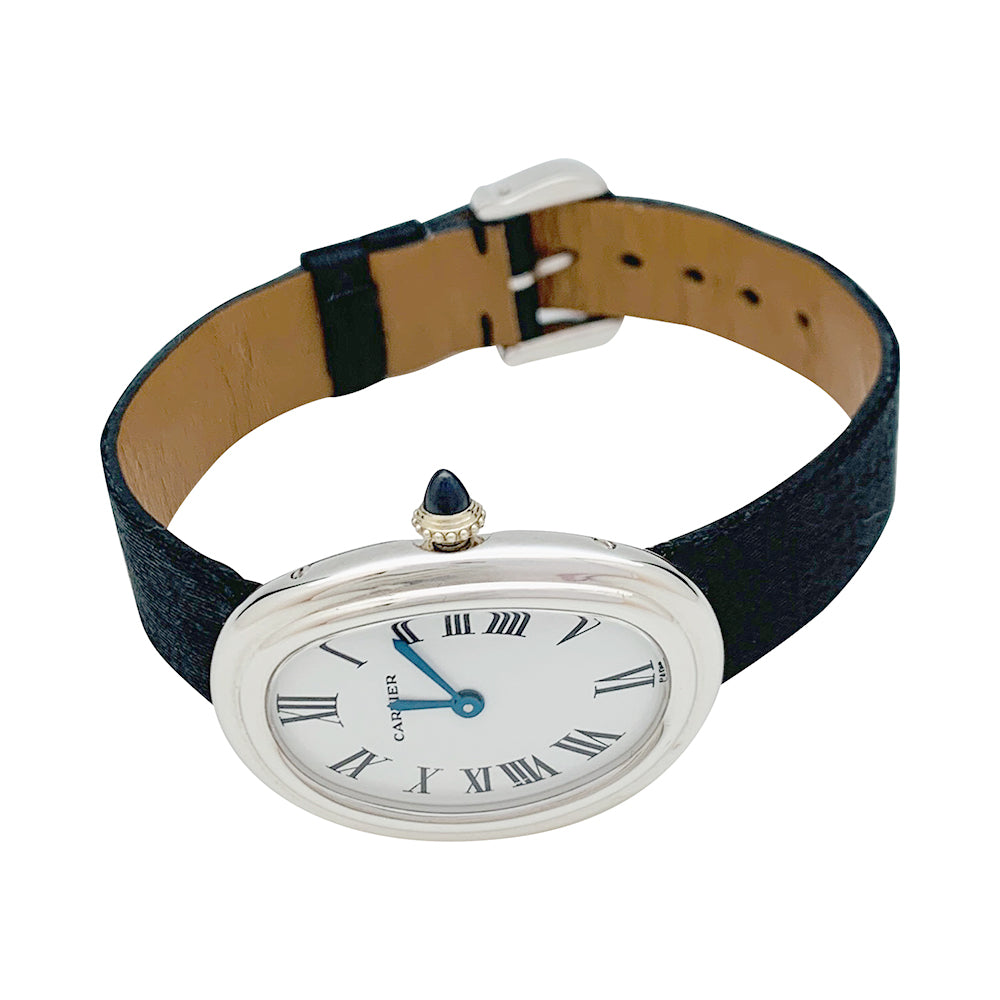 Cartier "Baignoire" model watch in white gold on leather.